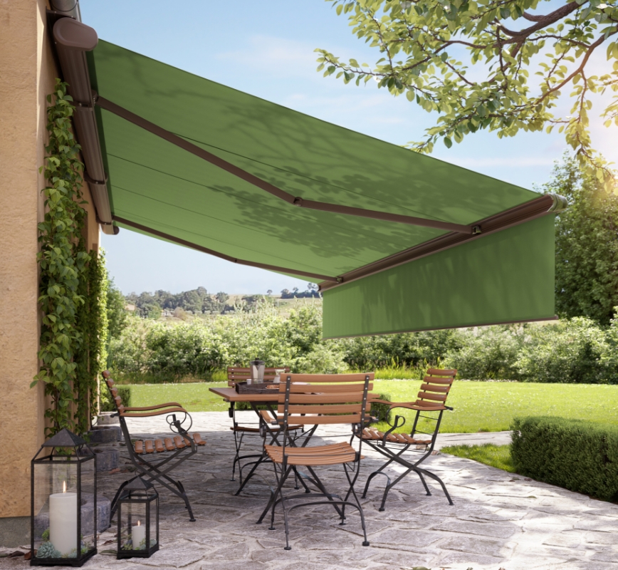 BEL HABITAT PERGOLAS PORNIC Terrasse Méridionale Française Avec Auvent étendu Brun Havane MS 5010 Avec Toile Verte 1 1